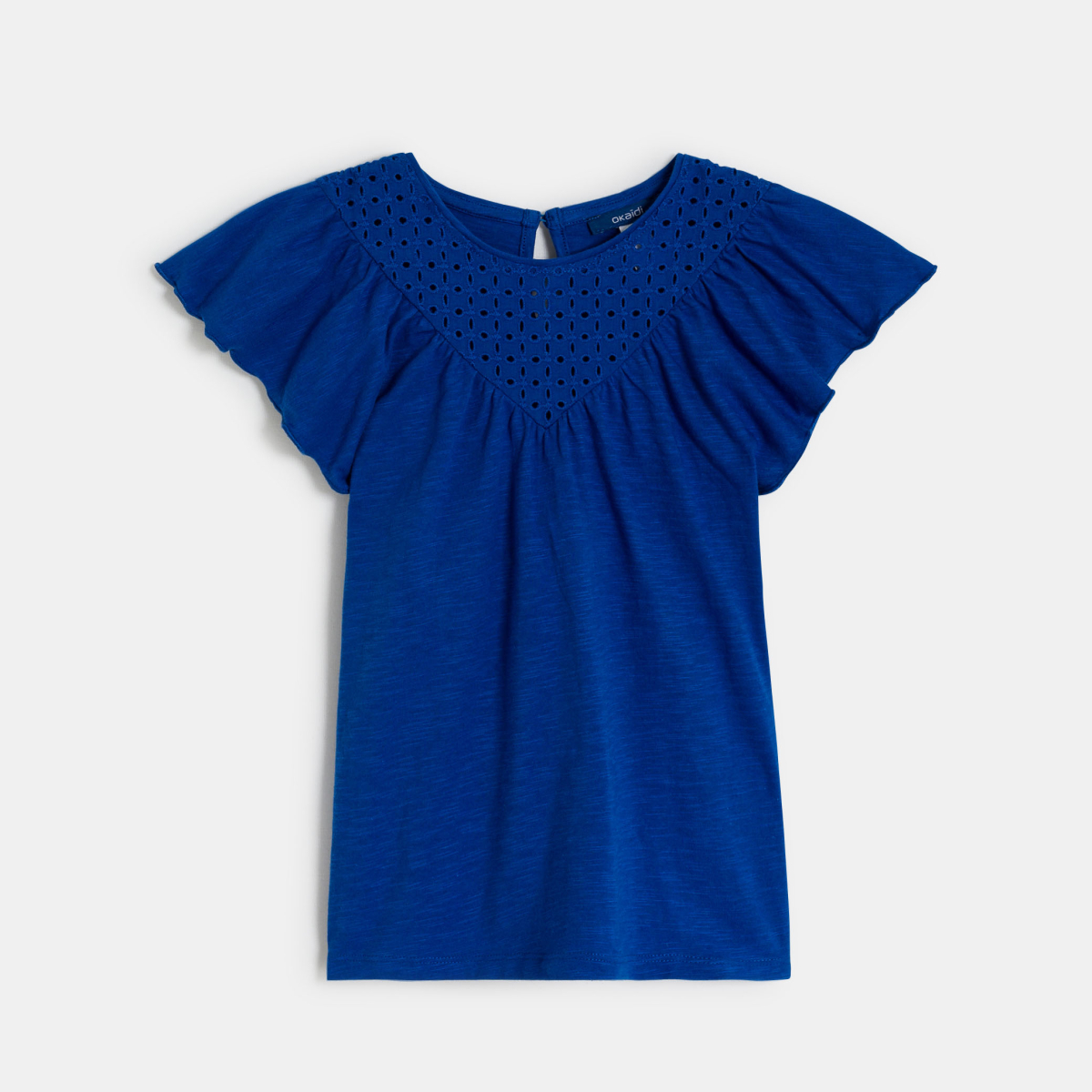 T-shirt manches courtes détail broderie anglaise bleu Fille T-shirt manches courtes détail broderie anglaise bleu Fille