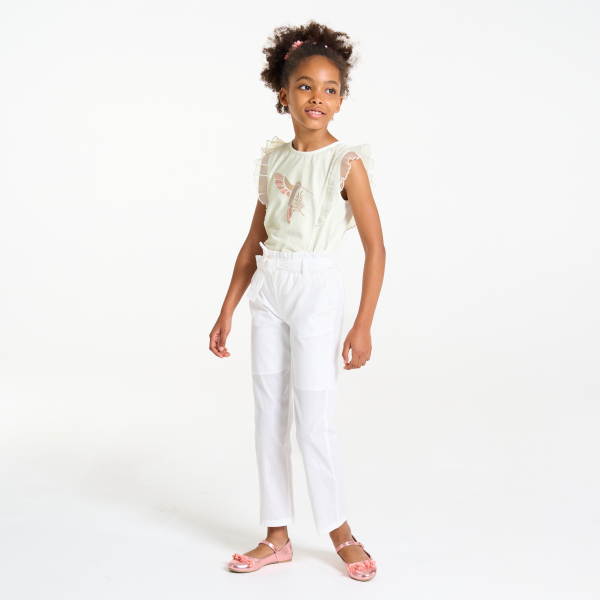 قميص تحتاني بكشكش ومزين برسوم للطائر الطنان، باللون الأبيض للفتيات قميص تحتاني بكشكش ومزين برسوم للطائر الطنان، باللون الأبيض للفتيات