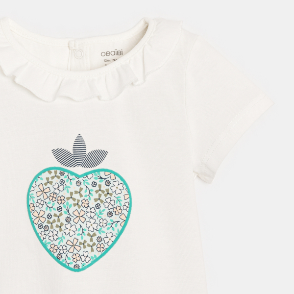 T-shirt col volanté coeur blanc bébé fille