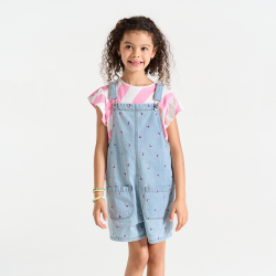 Salopette-short en jean brodé bleu clair Fille