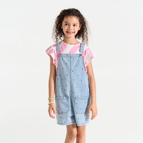 Salopette-short en jean brodé bleu clair Fille Salopette-short en jean brodé bleu clair Fille