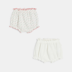 سروال قصير قطني أبيض فاخرة لطفلة (طقم من قطعتين)