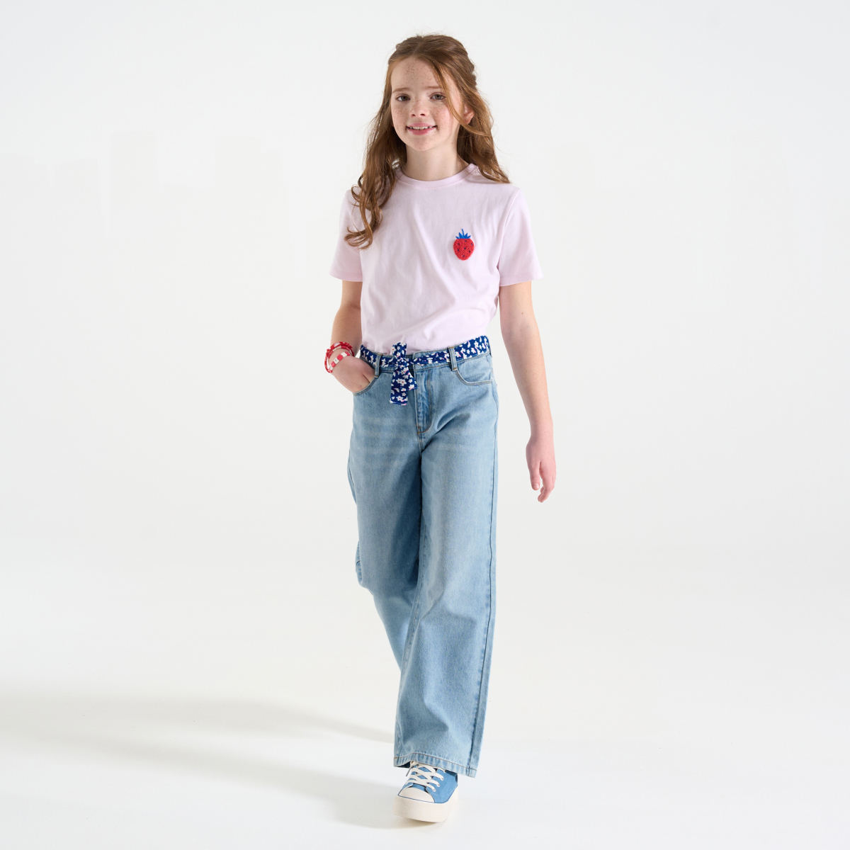 Jean large ceinturé en denim bleu Fille Jean large ceinturé en denim bleu Fille