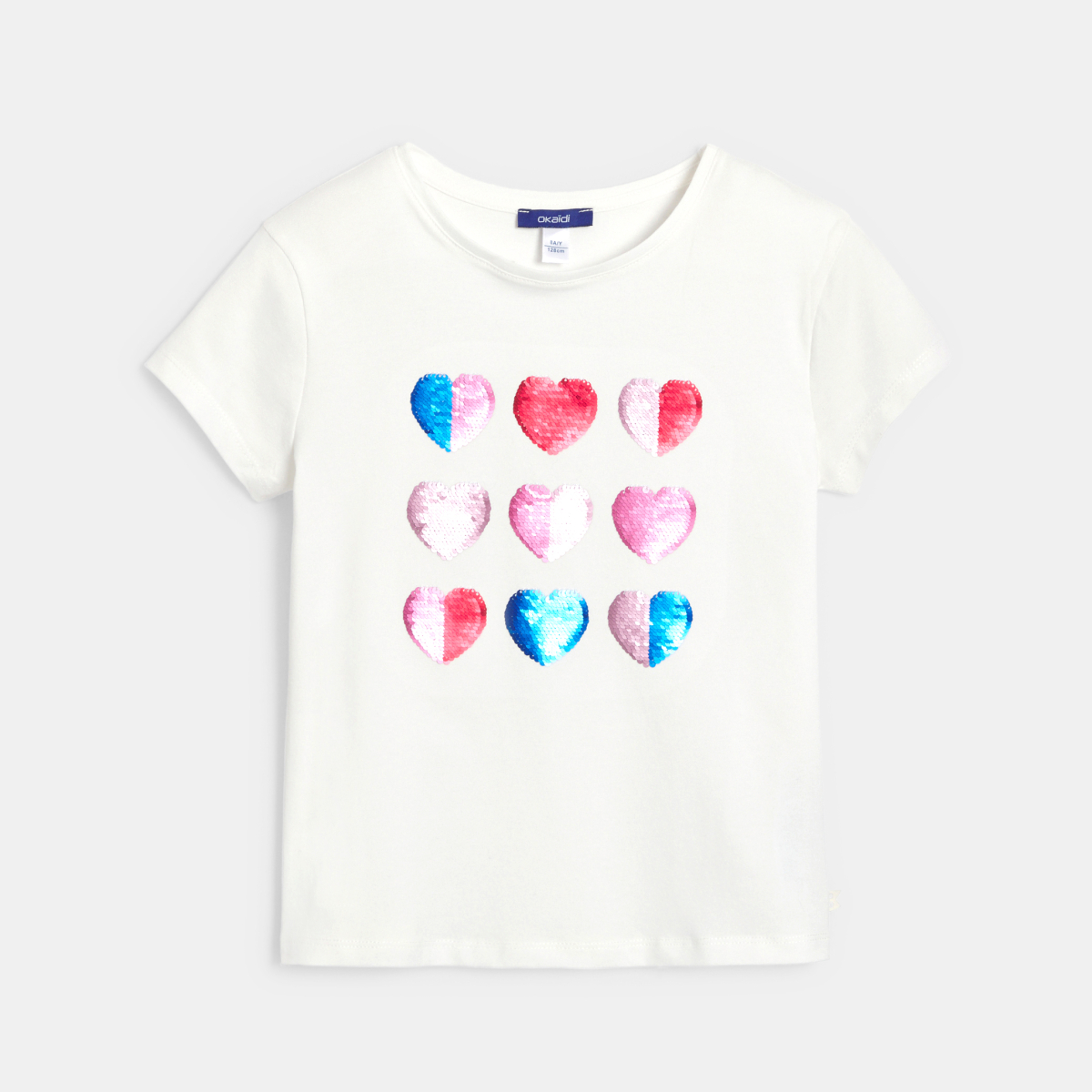 تيشيرت أبيض بأكمام قصيرة بترتر سحري للفتيات عليه رسومات قلوب تيشيرت أبيض بأكمام قصيرة بترتر سحري للفتيات عليه رسومات قلوب