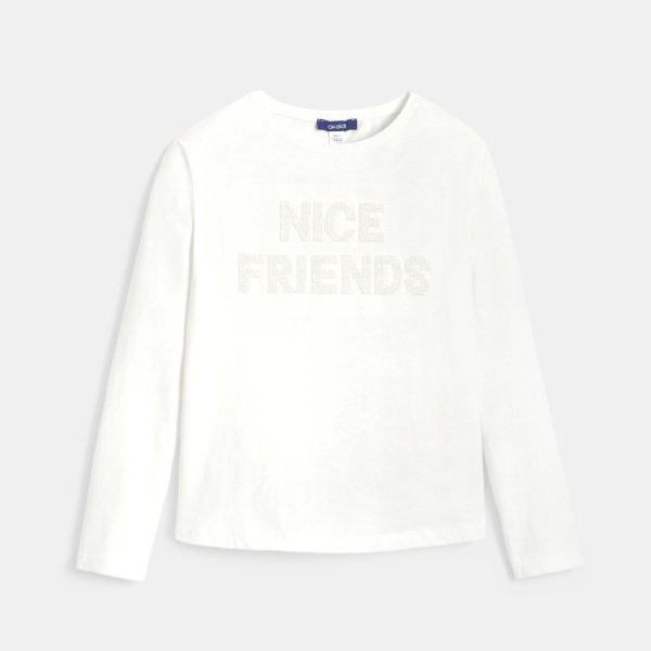 T-shirt manches longues message sequins blanc Fille T-shirt manches longues message sequins blanc Fille