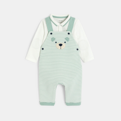 Salopette longue coton fantaisie rayé et body vert bébé garçon