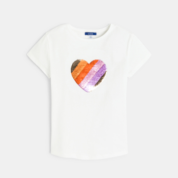 تيشيرت أبيض بأكمام قصيرة بترتر سحري للفتيات عليه رسومات قلوب