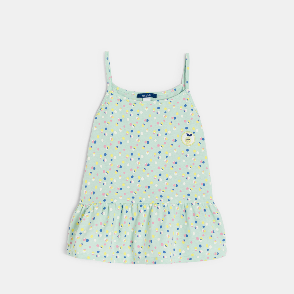 قميص داخلي من الجيرسيه المطبوع وبه كشكشة، أخضر اللون للفتيات قميص داخلي من الجيرسيه المطبوع وبه كشكشة، أخضر اللون للفتيات