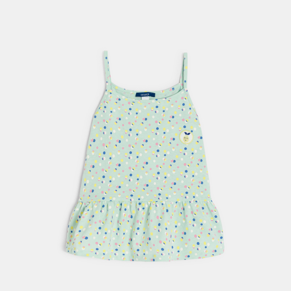 قميص داخلي من الجيرسيه المطبوع وبه كشكشة، أخضر اللون للفتيات قميص داخلي من الجيرسيه المطبوع وبه كشكشة، أخضر اللون للفتيات