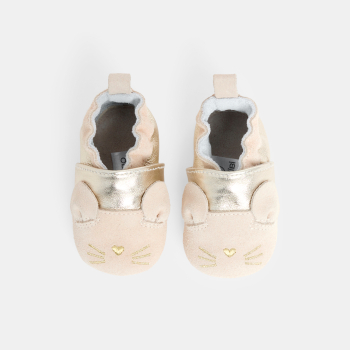 Chaussons cuir frimousse chat rose bébé fille