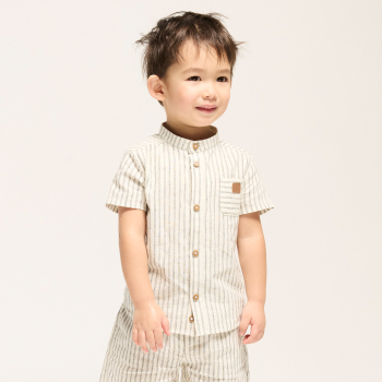 قميص كتان وقطن مقلم، أبيض اللون، لطفل رضيع