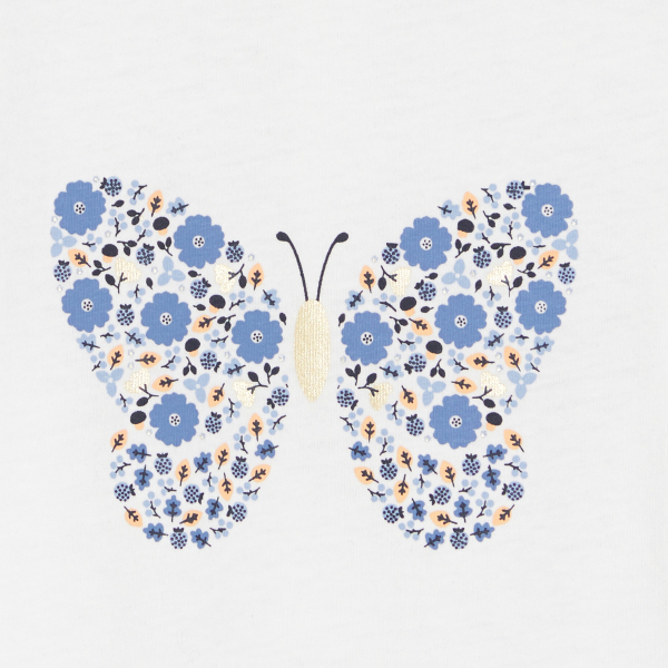 تيشيرت أبيض مطرز عليه صورة فراشة، للطفلة الصغيرة تيشيرت أبيض مطرز عليه صورة فراشة، للطفلة الصغيرة