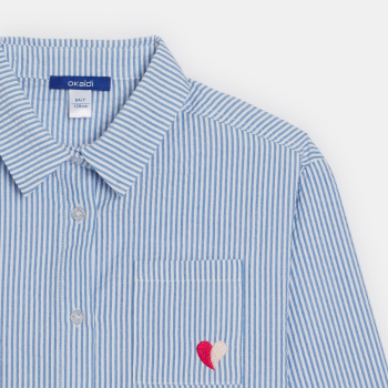 قميص مقلم أزرق اللون وعليه نقش قلب مطرز للفتيات