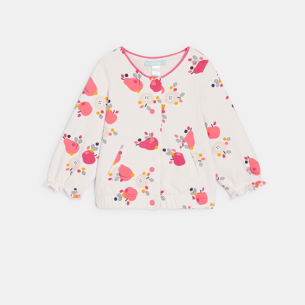 سترة ميلتون خفيفة وردية عليها صور فاكهة، للطفلة الصغيرة سترة ميلتون خفيفة وردية عليها صور فاكهة، للطفلة الصغيرة