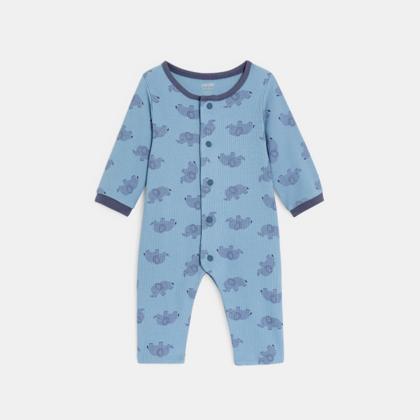 بيجاما قطنية بدون أقدام زرقاء اللون عليها رسم الفيل للصبي الصغير بيجاما قطنية بدون أقدام زرقاء اللون عليها رسم الفيل للصبي الصغير