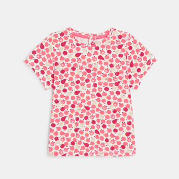 Salopette courte denim et t-shirt fruits bleu bébé fille