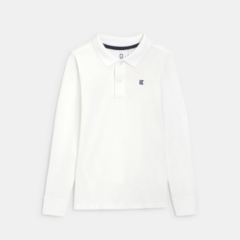 قميص بولو أبيض اللون بأكمام طويلة من قماش الجيرسيه المضلع للأولاد