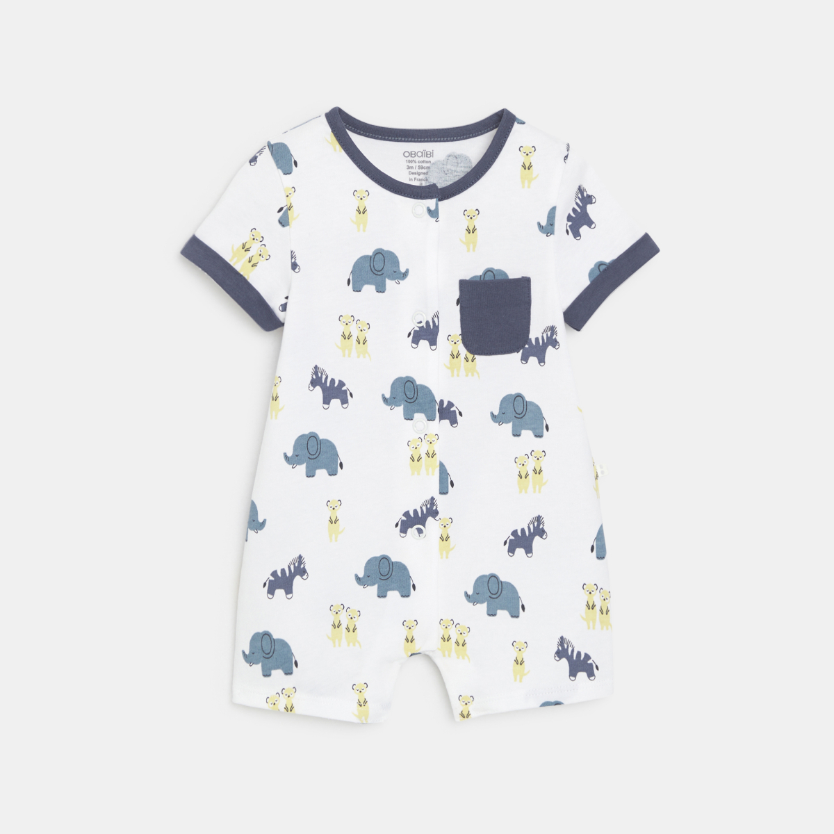 جمبسوت قصيرة مزينة برسوم الحيوانات، باللون الأزرق للأولاد الصغار جمبسوت قصيرة مزينة برسوم الحيوانات، باللون الأزرق للأولاد الصغار