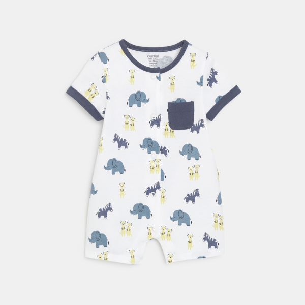 جمبسوت قصيرة مزينة برسوم الحيوانات، باللون الأزرق للأولاد الصغار جمبسوت قصيرة مزينة برسوم الحيوانات، باللون الأزرق للأولاد الصغار