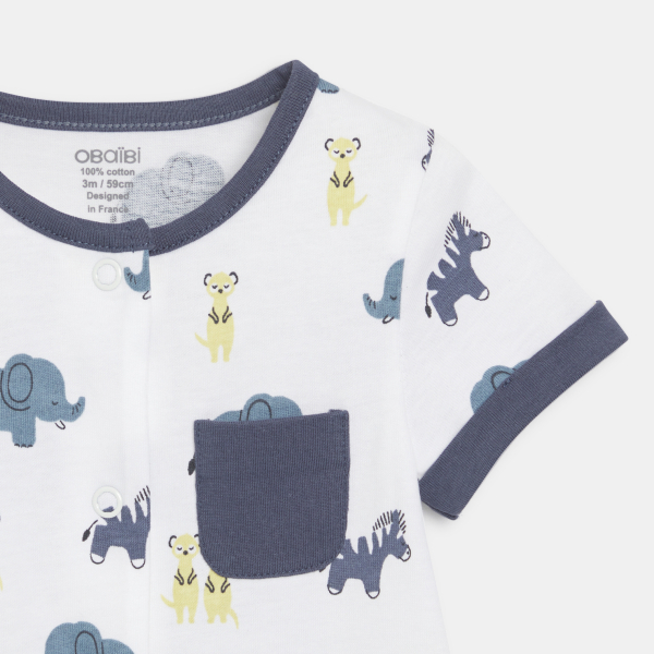 جمبسوت قصيرة مزينة برسوم الحيوانات، باللون الأزرق للأولاد الصغار جمبسوت قصيرة مزينة برسوم الحيوانات، باللون الأزرق للأولاد الصغار