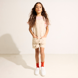 Salopette-short en toile imprimée beige Fille