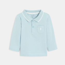 Polo piqué uni manches longues bleu ciel bébé garçon