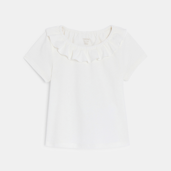 تيشيرت أبيض بياقة متموجة للفتيات الصغيرات تيشيرت أبيض بياقة متموجة للفتيات الصغيرات