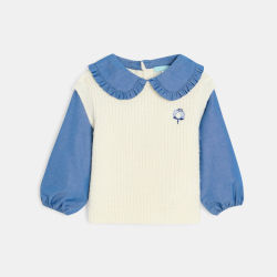 قميص بلوفر تأثير 2 في 1، أزرق اللون، للفتاة الصغيرة