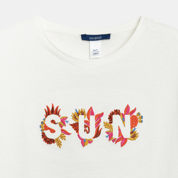 تيشيرت أبيض بأكمام قصيرة مطرزة، للفتيات تيشيرت أبيض بأكمام قصيرة مطرزة، للفتيات