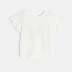 تيشيرت بأكمام مكشكشة، مرسوم عليه فراشة، أبيض اللون، للطفلة الصغيرة