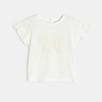 تيشيرت بأكمام مكشكشة، مرسوم عليه فراشة، أبيض اللون، للطفلة الصغيرة