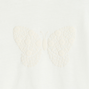 تيشيرت بأكمام مكشكشة، مرسوم عليه فراشة، أبيض اللون، للطفلة الصغيرة