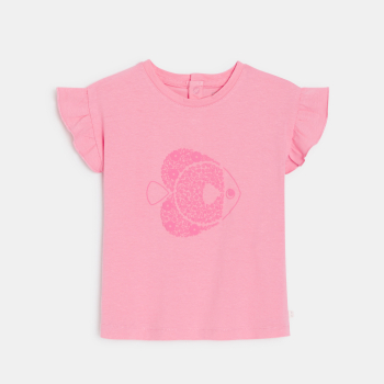تيشيرت بأكمام مكشكشة، وردي اللون، مرسوم عليه سمكة، للطفلة الصغيرة