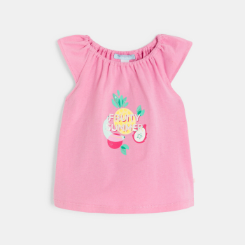 تيشيرت بياقة مطاطية مطبوع عليه صورة فاكهة وشورت مخطط باللون الوردي للفتاة الرضيعة 