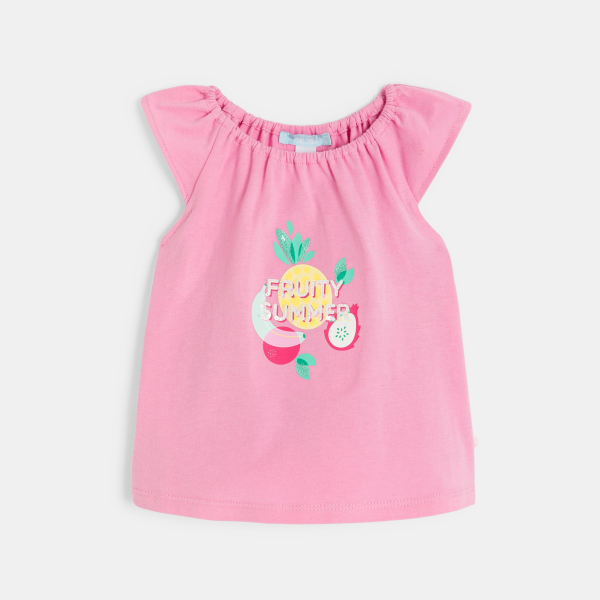 تيشيرت بياقة مطاطية مطبوع عليه صورة فاكهة وشورت مخطط باللون الوردي للفتاة الرضيعة  تيشيرت بياقة مطاطية مطبوع عليه صورة فاكهة وشورت مخطط باللون الوردي للفتاة الرضيعة
