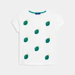 تيشيرت أبيض بأكمام قصيرة مطرزة، للفتيات