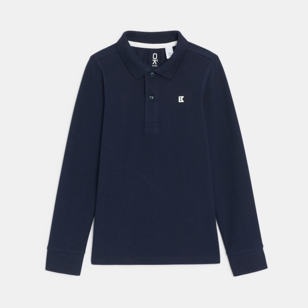 Polo à manches longues en jersey piqué bleu Garçon Polo à manches longues en jersey piqué bleu Garçon