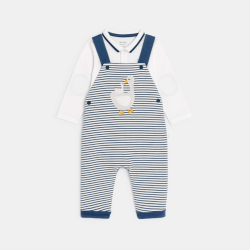 Salopette maille côtelée rayée oie et body bleu bébé garçon