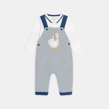 Salopette maille côtelée rayée oie et body bleu bébé garçon