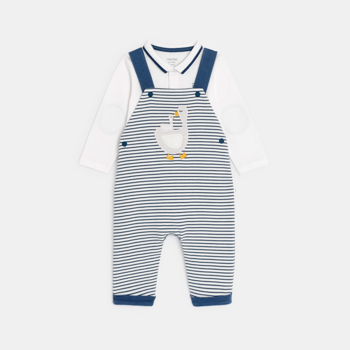 سالوبيت من قماش مضلع مقلم عليه صورة أوزة وبودي أزرق للصبي الصغير سالوبيت من قماش مضلع مقلم عليه صورة أوزة وبودي أزرق للصبي الصغير