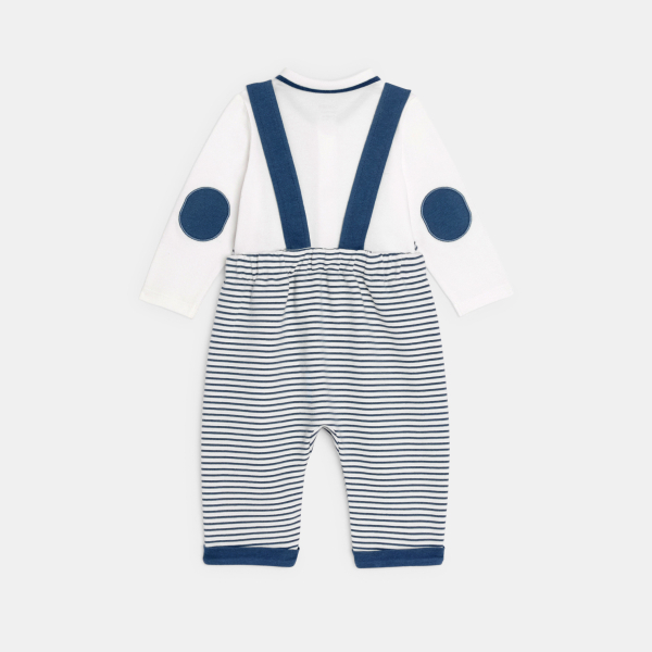 سالوبيت من قماش مضلع مقلم عليه صورة أوزة وبودي أزرق للصبي الصغير سالوبيت من قماش مضلع مقلم عليه صورة أوزة وبودي أزرق للصبي الصغير