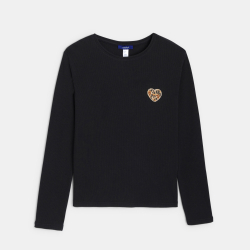T-shirt manches longues cœur léopard noir Fille