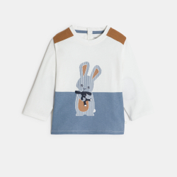 تيشيرت بأكمام طويلة، أزرق اللون، عليه صورة أرنب، للصبي الصغير