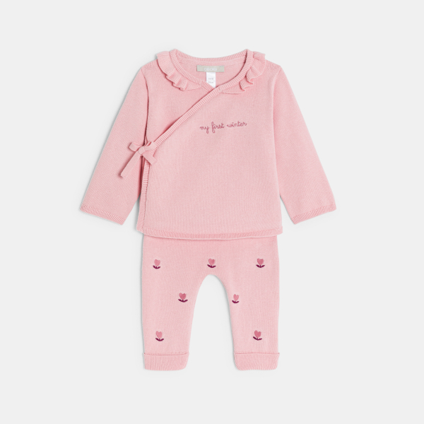 بلوفر وبنطلون من قماش التريكو عليه أزهار، وردي اللون، للفتاة حديثة الولادة  بلوفر وبنطلون من قماش التريكو عليه أزهار، وردي اللون، للفتاة حديثة الولادة