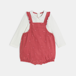 Salopette courte velours brodé et body rouge bébé fille