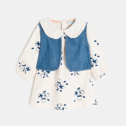 Robe molleton léger et gilet denim blanc bébé fille