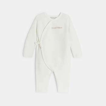 أفرول طويل بقماش التريكو الفاخر، أبيض اللون، للفتيات حديثي الولادة 