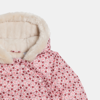 أفرول طيار مبطن بالفراء، وردي اللون، عليه صور فاكهة، للطفلة الصغيرة