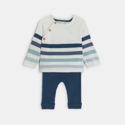 بلوفر من قماش التريكو مخطط، باللون الأزرق، وبنطلون من قماش مضلع للصبي الصغير