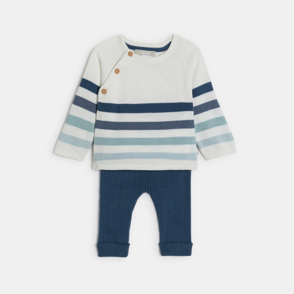 بلوفر من قماش التريكو مخطط، باللون الأزرق، وبنطلون من قماش مضلع للصبي الصغير بلوفر من قماش التريكو مخطط، باللون الأزرق، وبنطلون من قماش مضلع للصبي الصغير